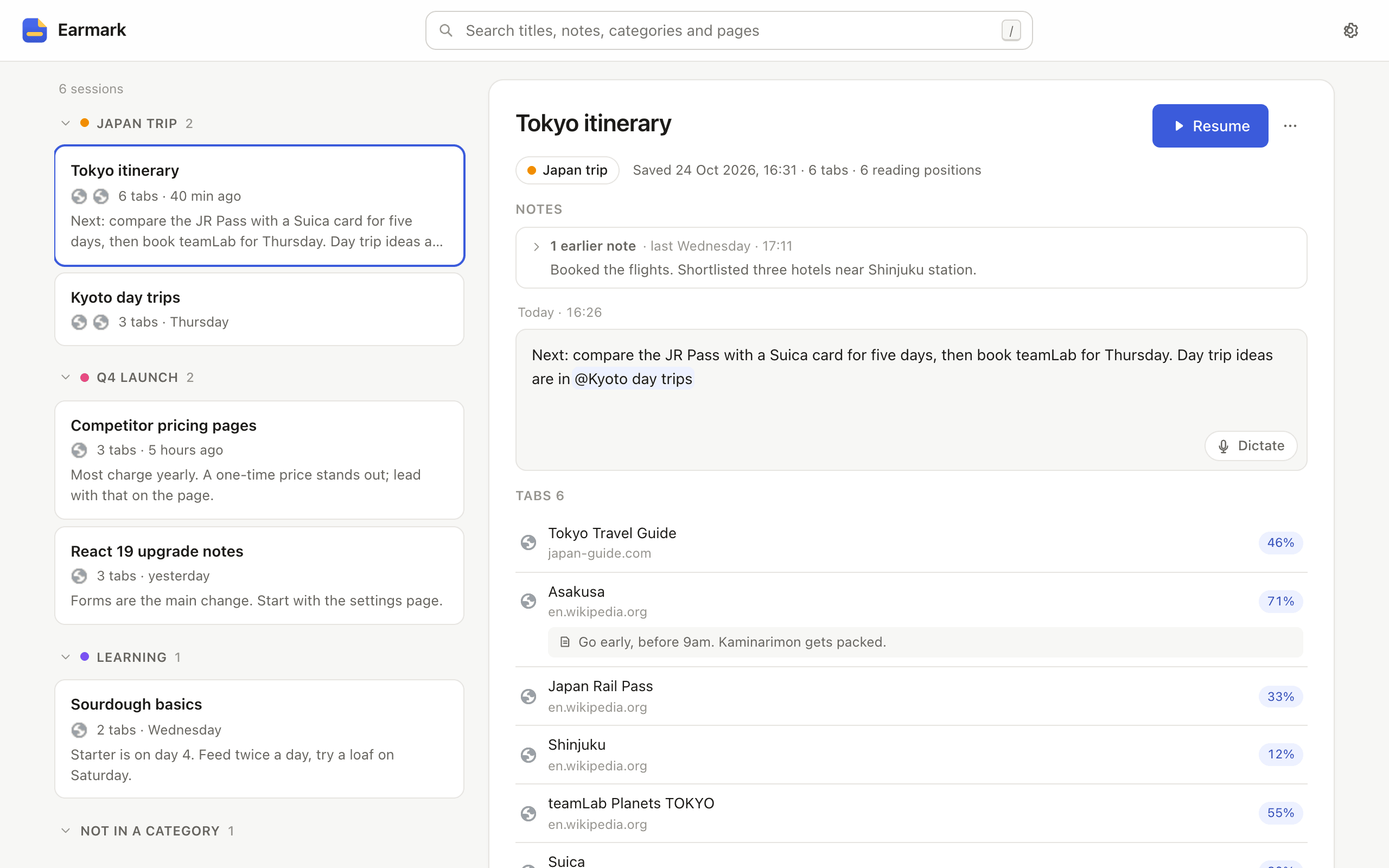 The Earmark dashboard: saved sessions grouped into categories, with a note and the list of saved tabs showing how far each page was read.